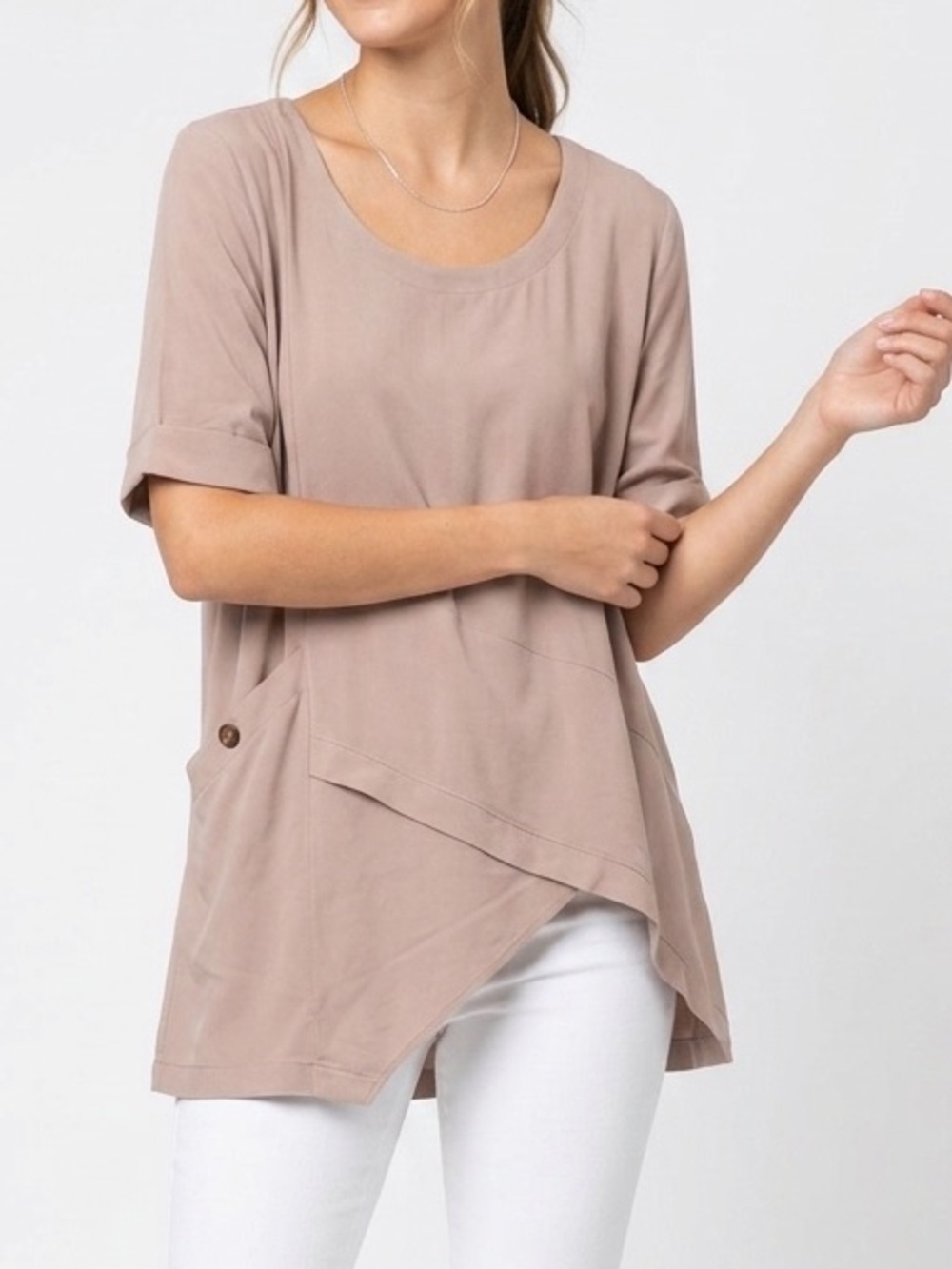 TENDENCY Layered Khaki Tan Top Round Neck Blouse Asymmetric Hem w Hip Pocket